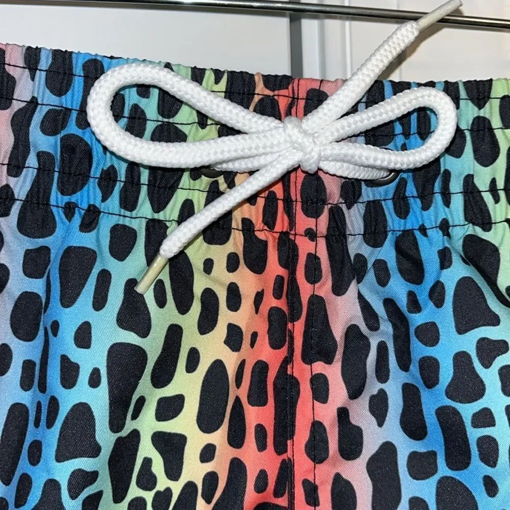New Trunks Surf & Swim Co 3 Pocket Rainbow LBGTQ Leopard Print Lined Swim Shorts